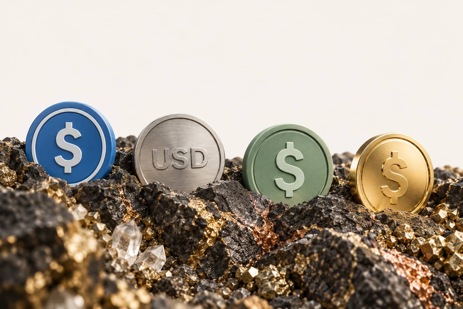 Four stablecoins set into raw stone with gold and copper veins